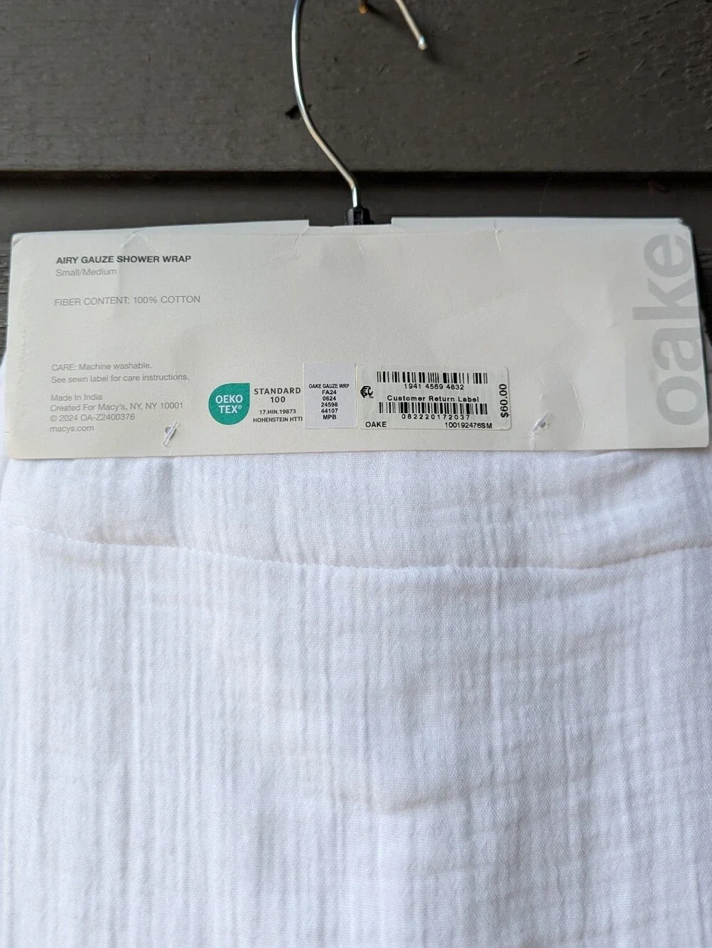 NWT Oake Cotton Gauze Bath Wrap Bright White Small/Medium OEKO-TEX Standard 100